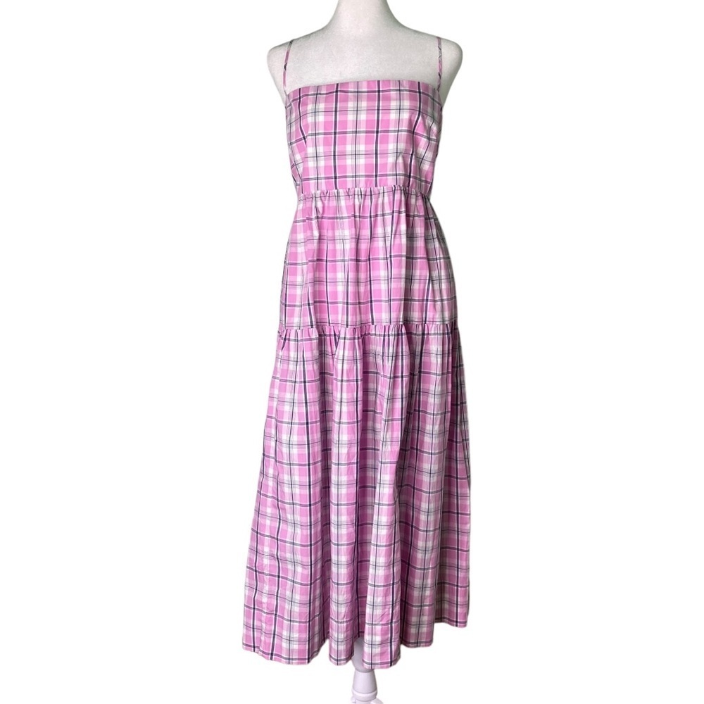 J Crew Tie-back Tiered Poplin Dress Violet Plaid Midi Spaghetti Strap (Size 18)